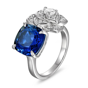 925 Sterling Silver Rose Design <b>Ring</b>, Cushion Cut Royal Blue Lab Created Sapphire with <b>CZ</b> Accents - Product Image 1