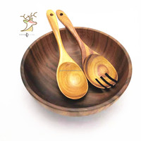 Custom Logo High Quality Hand Made Solid Wood Kitchen Utensils Soup Rice Tableware Acacia Salad Wooden Bowl