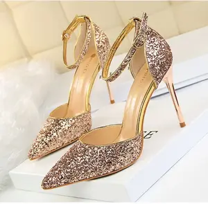 Thời Trang Chỉ Hollow out Sequin Hộp Đêm Đảng Phụ Nữ Mắt Cá Chân Khóa Dây Đeo Sáng Bóng Giày 9 Cm Cao Gót Vàng Long Lanh Giày Phụ Nữ