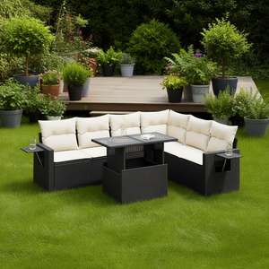 Ensemble de canapés de jardin en rotin noir avec coussins crème, mobilier d'extérieur au design contemporain, résistant à l'eau et aux UV, en rotin PE - Product Image 2