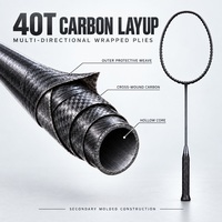 Cadre de raquette de badminton en carbone intégral 40T à faible coût avec cordage personnalisé, raquette légère pour joueurs intermédiaires et avancés
