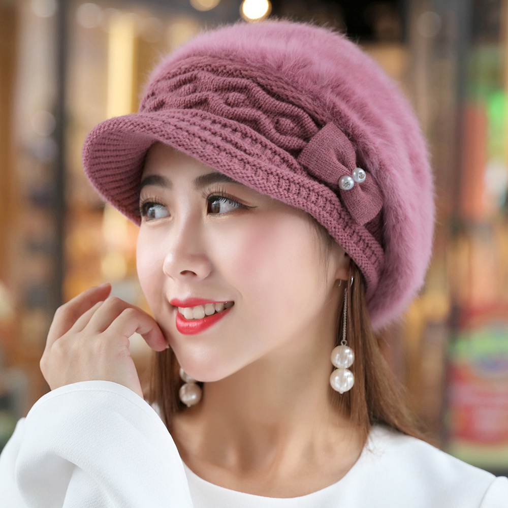 Women Knitted Beret Beanies Fashion Bow Girl Rabbit Fur Hat  display picture 1