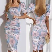 Robe en polyester cintrée taille haute à manches courtes et col ras du cou pour femme de bureau, tenue décontractée, vente en gros
