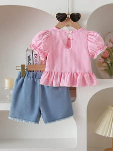 Girl and White Striped <b>Bubble</b> Sleeve <b>Top</b> Paired With 3D Floral Design Shorts Girl Clothes - Product Image 2
