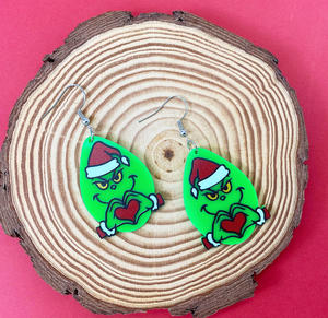Boucles d'oreilles de Noël Grinch en gros, en cuir PU, motif goutte d'eau, nouvelle mode, imprimé léopard, monstre vert Grinch - Product Image 2