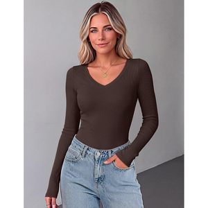 Camiseta de Manga Larga con Cuello en V para Mujer, Tejido Acanalado, Ajustada, Básica, Informal, para Otoño, Suave y Elástica, para Uso Diario - Product Image 4