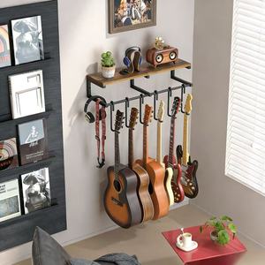Soporte de pared para guitarra de madera maciza, estante de 2 niveles con ganchos para almacenamiento y exhibición de instrumentos musicales - Product Image 1