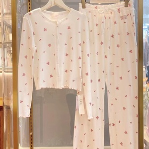Conjuntos de ropa de casa para mujer Algodón puro Suave Dibujos animados bonitos Flor de cerezo Impreso Cuello redondo Manga larga Encaje Floral Cintura elástica - Product Image 6