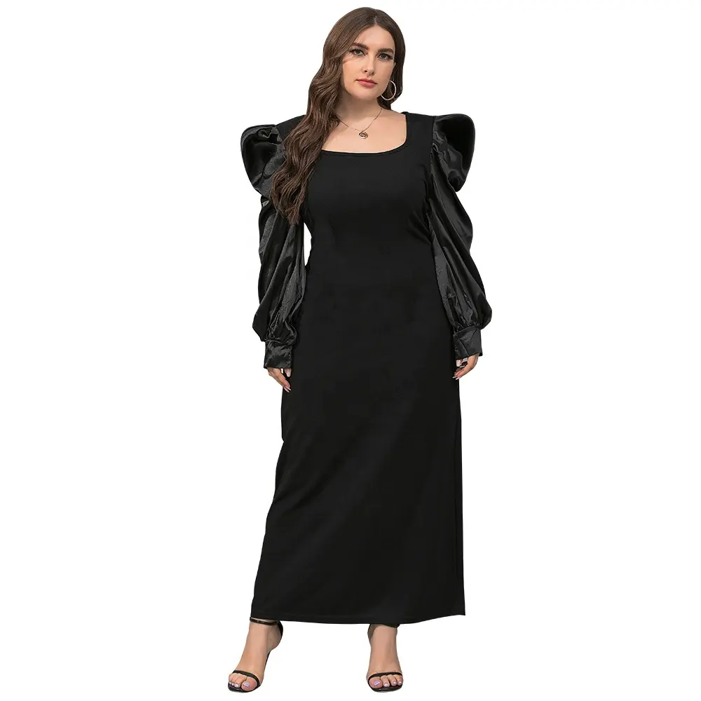 Vestido plus size de manga bufante e casual, cor lisa, preto, feminino, roupas, gola quadrada, manga comprida, vintage, 500