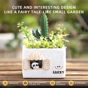 ROOGO Mini Pot de Fleurs en Résine en Forme de <span class=keywords><strong>Maison</strong></span> de Dessin Animé avec Thèmes Panda, Chat, <span class=keywords><strong>Porte</strong></span>-<span class=keywords><strong>Bonheur</strong></span> et Café pour Plantes Succulentes – Macetas de Bureau - Product Image 3