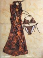Ensemble 3 pièces maillot de bain et robe longue pour femme, motif chaînes, détails à nouer, coupe ajustée, style modeste, cache-maillot de plage S-L