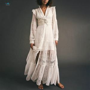 Robes maxi décontractées pour femmes, à manches longues, à découpes, à col en V, avec fente latérale, élégantes, très vendues pour l'été - Product Image 1