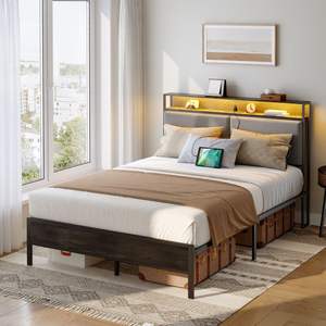 กรอบเตียงขนาดเต็ม/เตียงคู่/ควีนไซส์/เตียงคิงไซส์โครงเตียงโลหะพร้อมแท่นชาร์จและไฟ LED หัวเตียงพร้อมชั้นวาง - Product Image 4