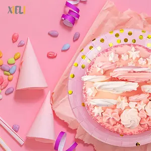 Plato de papel con estampado rosa, servilletas, tazas, puntos dorados, conjunto de platos desechables para fiesta de cumpleaños, vajilla, decoraciones de mesa