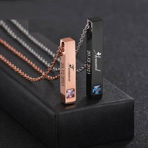 Engraved Stainless Steel Vertical Bar <b>Name</b> Couple <b>Custom</b> Mental <b>Necklace</b> Personalized Blue Pink Stone Women Men Jewelry - Product Image 2