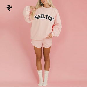 कस्टम पफ प्रिंट लोगो 2 टुकड़ा स्वेटशर्ट और शॉर्ट्स सेट फैशन डिजाइन कपास ट्रैकसूट महिलाओं गुलाबी शॉर्ट्स स्वेट सूट सेट - Product Image 3