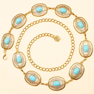 โซ่คาดเอวสีเทอร์ควอยซ์ โซ่โลหะรูปทรงเรขาคณิต สไตล์โบฮีเมียนตะวันตก สำหรับใส่ทุกวัน วัสดุโลหะผสมสังกะสี ประดับแบบฝังขอบเดี่ยว - Product Image 6