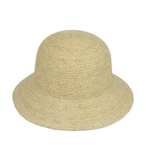 Cappello di paglia di rafia di colore naturale rurale personalizzato cappello da pescatore in rafia a tesa larga fatto a mano da contadino protezione solare estiva