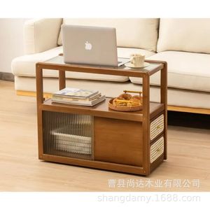 Wooden storage rack, Japanese style, for home use, <b>sofa</b> side shelf, desktop storage rack, small side cabinet for living room. - Product Image 2