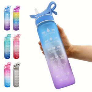 Botella de Agua Tritan Ecozen de 32oz/1000ml con Logotipo Personalizado, Degradado, con Pajita, Tapa Abatible y Pulverizador de Niebla para Gimnasio y Deportes al Aire Libre - Product Image 1