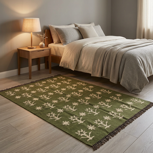 Handwoven Green Area <b>Rug</b> With White Floral Pattern Fringe Bohemian Style Living Room Carpet Rectangle Wool Acrylic Jute Backing - Product Image 4