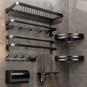 Kit de accesorios de baño de artículos sanitarios de aluminio negro mate de 7 piezas de diseño moderno, inodoros plegables autoadhesivos, bidés - Product Image 2