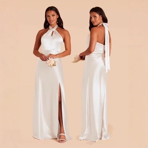 Robe de bal et de demoiselle d'honneur en satin, fendue haute, grande taille, avec dentelle, dos nu et bretelles, élégante - Product Image 4