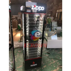 Zippo asli etalase yang digunakan dari kayu menampilkan pemantik rokok toko korek api gambar desain Interior