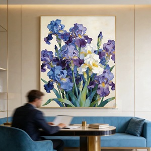 Hand Painted Iris Oil Painting Modern Floral <b>Art</b> Wooden Frame Living Room Wall Decor - Product Image 3