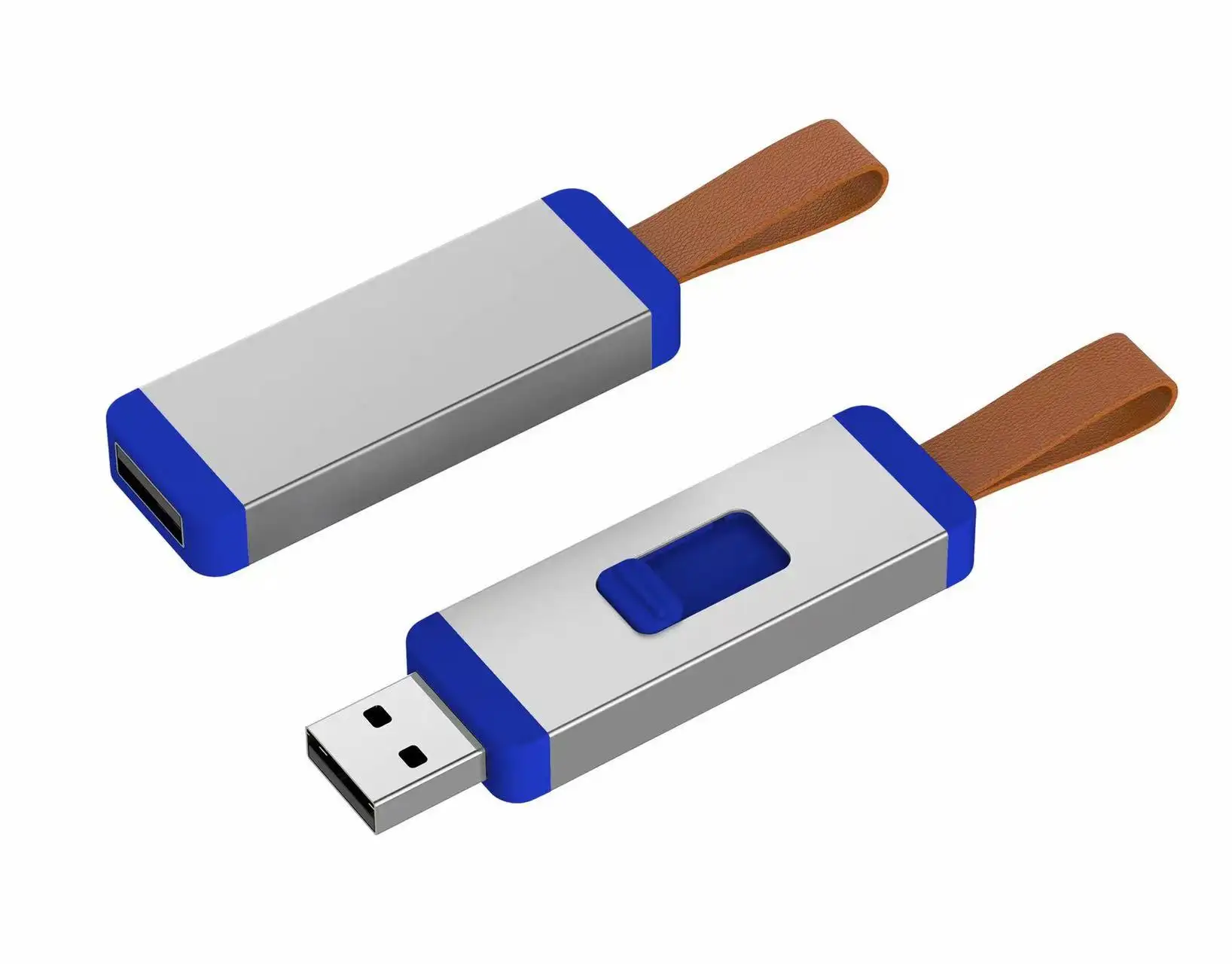 Stik USB logam dapat ditarik, hadiah bisnis portabel, Stik USB logam Dorong Tarik USB memori Flash Pendrive 32gb 64GB dengan tali kulit