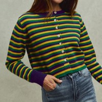 Fabricant de cardigan en tricot à rayures classiques décontracté pour femmes, automne-hiver, Mardi Gras, manches longues, haut de pull