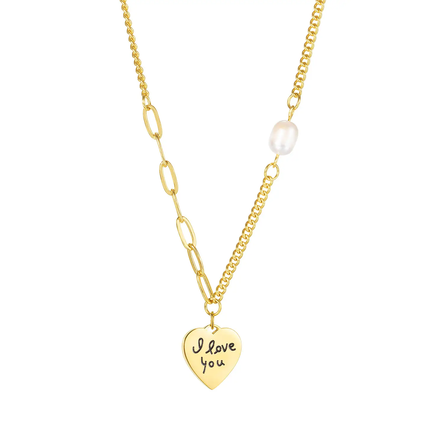 Fashion I love you Necklace Elegant Pearl Heart Pendant Stainless Steel Gold Plated Jewelry Necklace