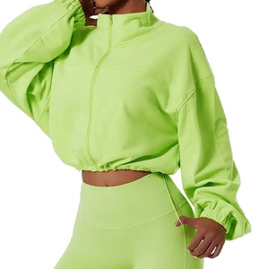 Giacche Sportive Corte con Coulisse per Donne, <span class=keywords><strong>Felpa</strong></span> Crop con Zip e Colletto Alto per Allenamento - Product Image 5