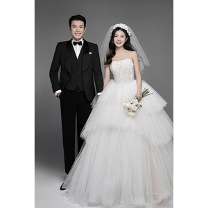 Strapless Ball Gown Wedding Dress White Tulle Empire Waistline With Veil For Bride - Product Image 1