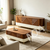 Ensemble table basse et meuble TV moderne pour salon, avec tables d'appoint gigognes rondes et carrées, finition placage bois et plateau en pierre, meuble TV de rangement