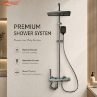 Sistema de ducha termostático de latón para baño con pantalla digital, control tipo teclado de piano, grifo mezclador de ducha con efecto lluvia y cascada, y chorros de masaje.