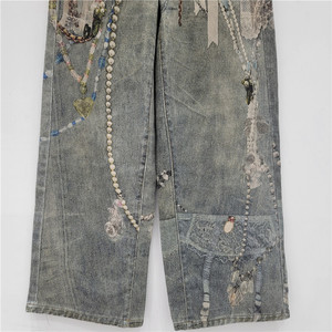 Jeans da Donna a Gamba Larga con Stampa, Catena di Perle e Pizzo, Nuova Moda Casual Autunno 2026 - Product Image 4