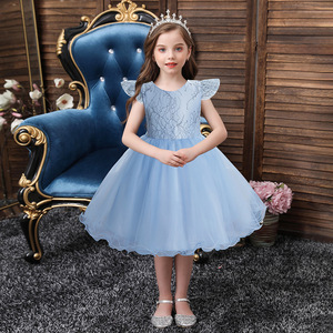 Vestido de Princesa para Niña, Azul, con Encaje y Tul, Cuello Redondo, Mangas con Volantes, Vestido de Dama de Honor - Product Image 1