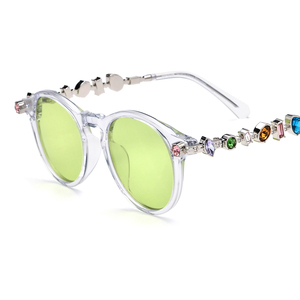 <b>Round</b> Acetate Metal Cat Eye Full Rim Polarized <b>Sunglasses</b> Gem Decorative UV400 Lightweight Eyewear for Women - Product Image 1