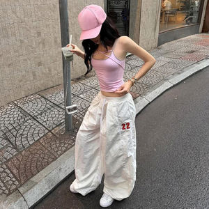 Pantalones Anchos Bordados con Número Estilo INS para Mujer, Cintura Elástica con Cordón, Pantalones Largos Casuales de Estilo Urbano - Product Image 4