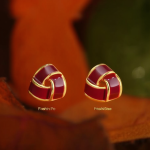 Fashion Stud <b>Earrings</b> 316L Stainless Steel PVD Gold Plating <b>Red</b> Enamel Design - Product Image 3