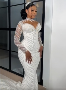 <span class=keywords><strong>Robe</strong></span> de mariée personnalisée, nouveau style, de luxe, africaine, grande taille, en dentelle, à manches longues, avec sequins et traîne <span class=keywords><strong>longue</strong></span> détachable - Product Image 6