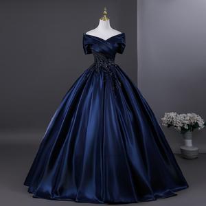 Navy Blue Off The Shoulder Empire Waist Long Evening Dress For Performance And Formal Events - Product Image 1
