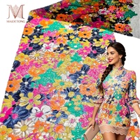 Tissu en dentelle de tulle polyester brodé de sequins floraux en chenille, style peinture à l'huile vintage, pour robe longue de soirée pour femme