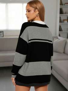 Pull <span class=keywords><strong>polo</strong></span> rayé gris et noir populaire pour la vie universitaire et le style urbain – Tendance, doux, chaud, en maille côtelé<span class=keywords><strong>e</strong></span>, idéal comme vêtement d'extérieur - Product Image 4