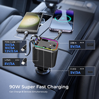Chargeur de voiture rétractable 5 en 1 avec 2 câbles intégrés, charge rapide PD3.0, adaptateur allume-cigare 12V/24V pour iPhone