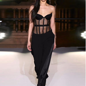 Corsetto disossato a rete forte da donna nero <span class=keywords><strong>senza</strong></span> <span class=keywords><strong>spalline</strong></span> top <span class=keywords><strong>bustier</strong></span> in crepe e tulle con rifiniture in raso - Product Image 4