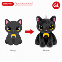 Peluche chat magique personnalisée OEM ODM, peluche chat noir et gris à partir d'un dessin, usine d'animaux en peluche, yeux dorés, pendentif croissant en peluche