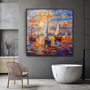 Impressionista tela fatta a mano tramonto <span class=keywords><strong>barche</strong></span> a vela 3D arte della parete decorazioni per la casa paesaggi marini dipinti - Product Image 5