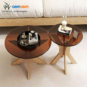 Set di 2 Tavolini da Caffè Rotondi con Piano in Vetro e Base in Legno per Soggiorno - Product Image 2